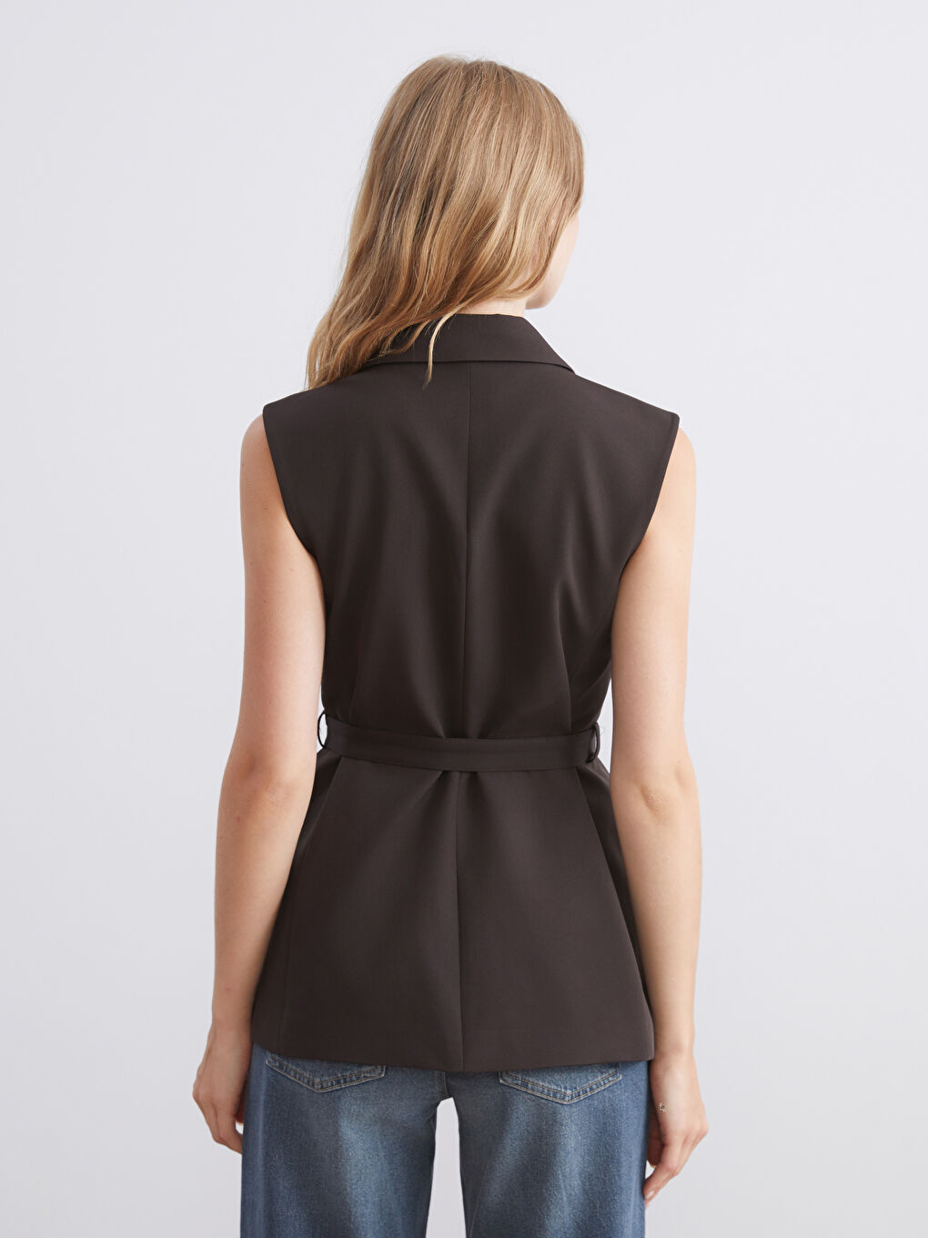 Kahverengi Ceket Yaka Kadın Klasik Yelek-3