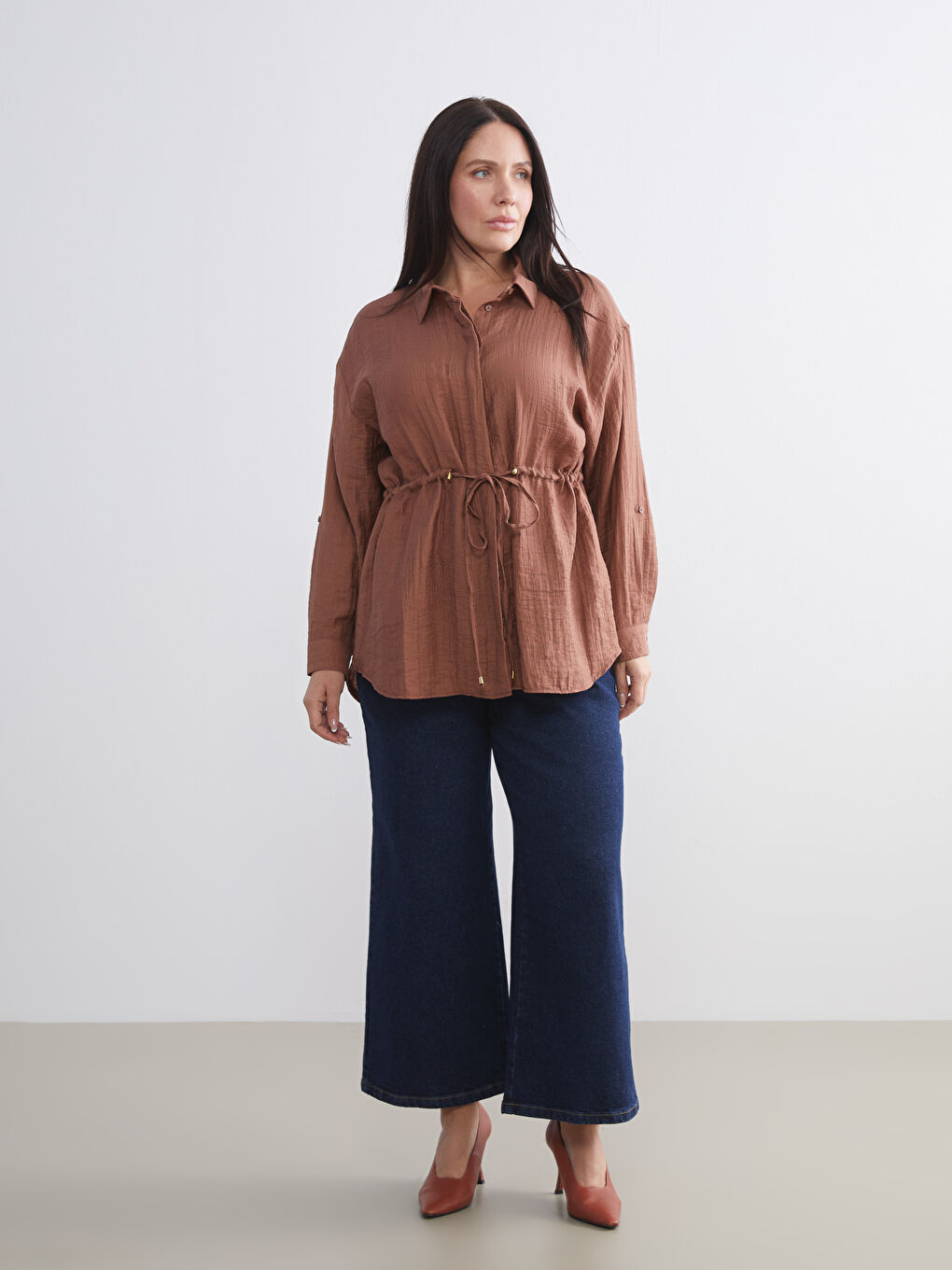 Kahverengi Dokulu Kadın Gömlek Tunik-5