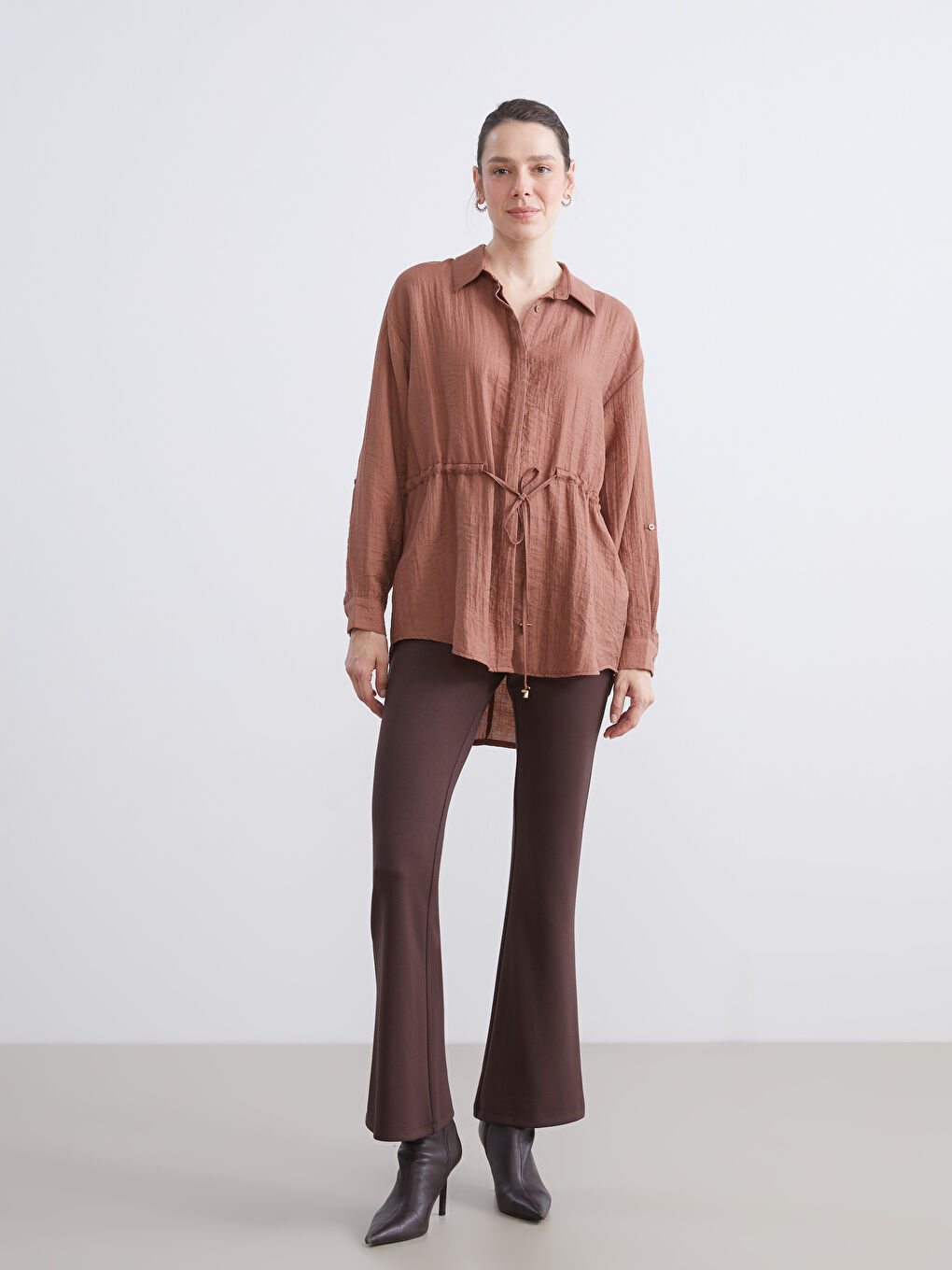 Kahverengi Dokulu Kadın Gömlek Tunik-2