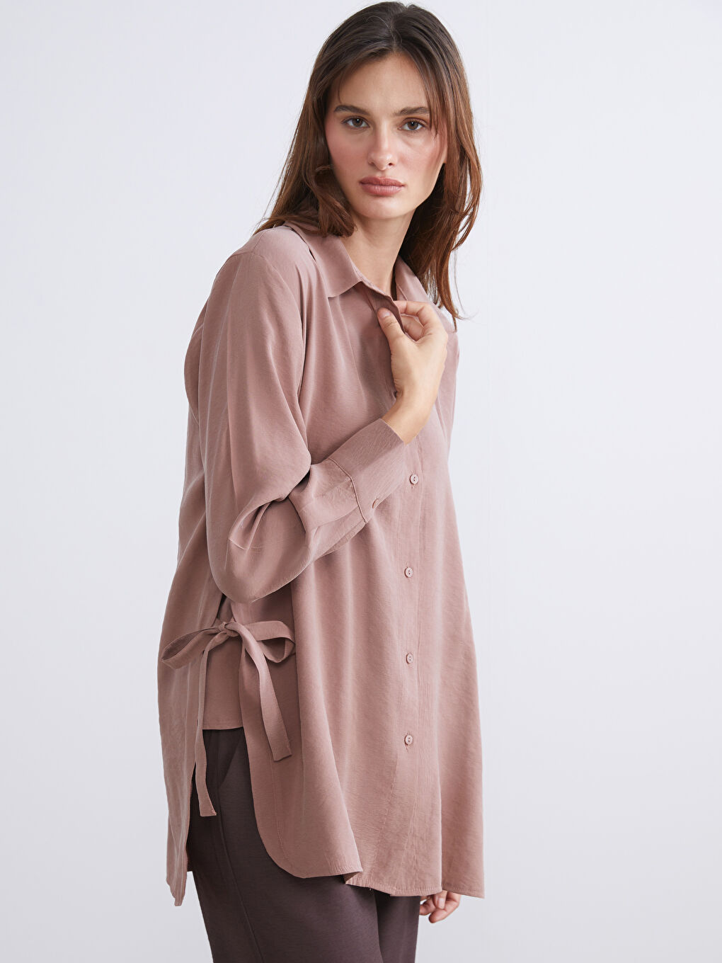 Kahverengi Modal Karışımlı Oversize Kadın Gömlek Tunik