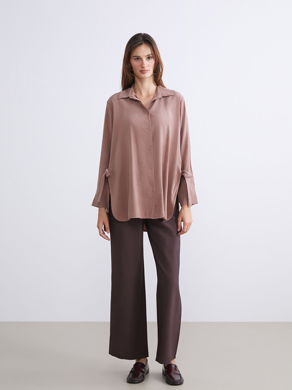 Kahverengi Modal Karışımlı Oversize Kadın Gömlek Tunik-1