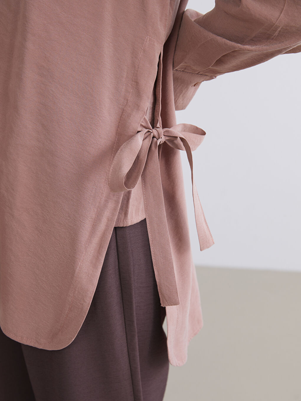 Kahverengi Modal Karışımlı Oversize Kadın Gömlek Tunik-2