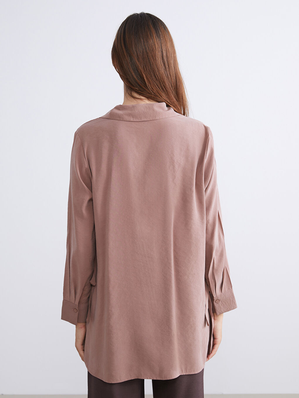 Kahverengi Modal Karışımlı Oversize Kadın Gömlek Tunik-3