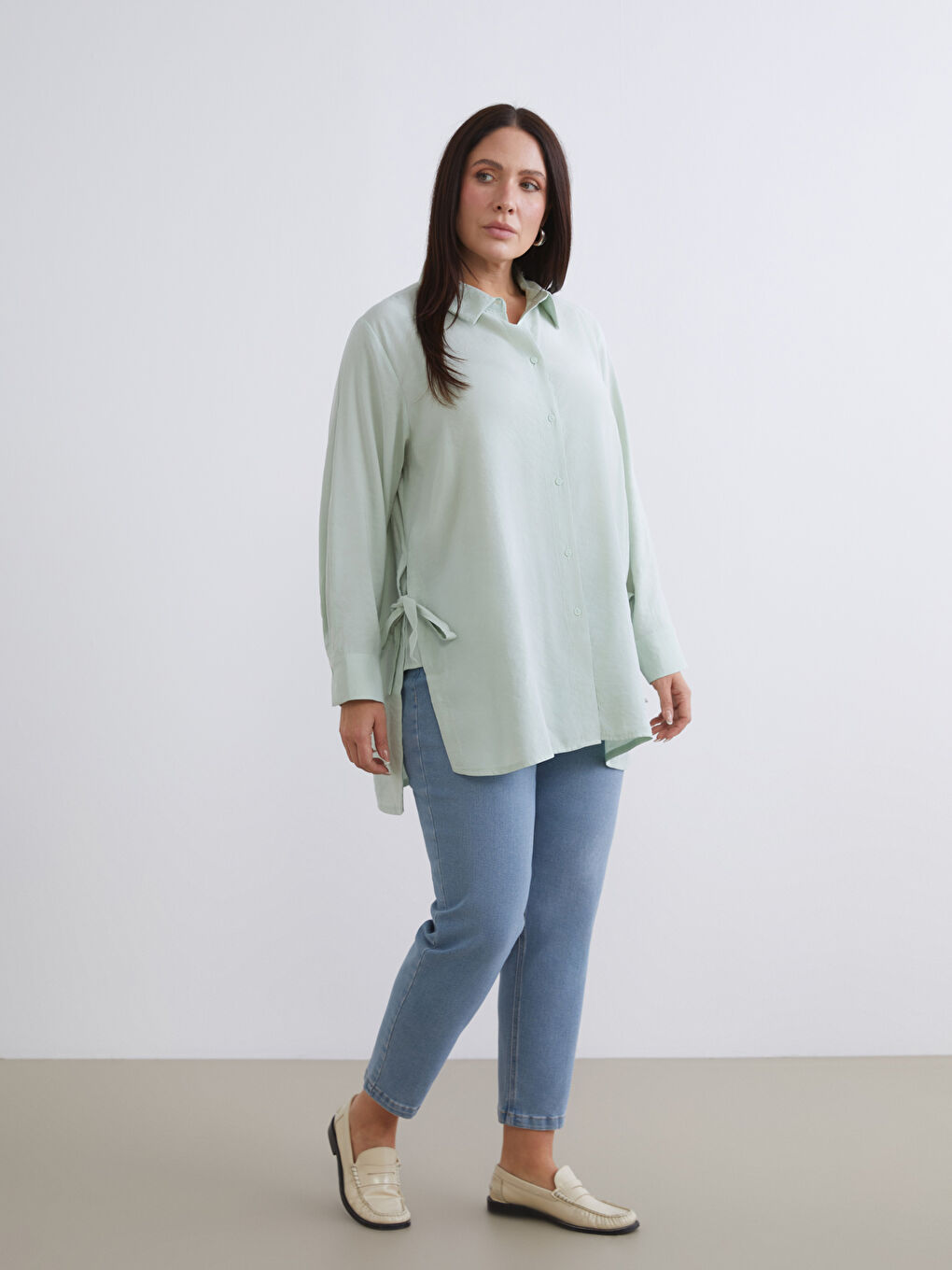 Yeşil Modal Karışımlı Oversize Kadın Gömlek Tunik-1