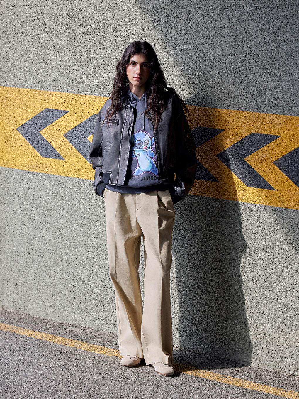 Antrasit Stitch Baskılı Oversize Kadın Kalın Hoodie