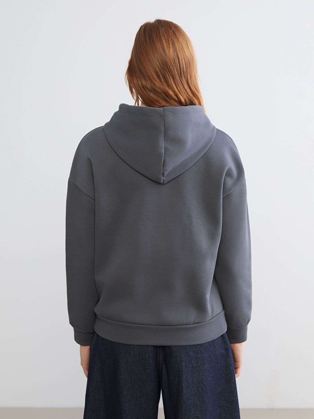 Antrasit Stitch Baskılı Oversize Kadın Kalın Hoodie-4