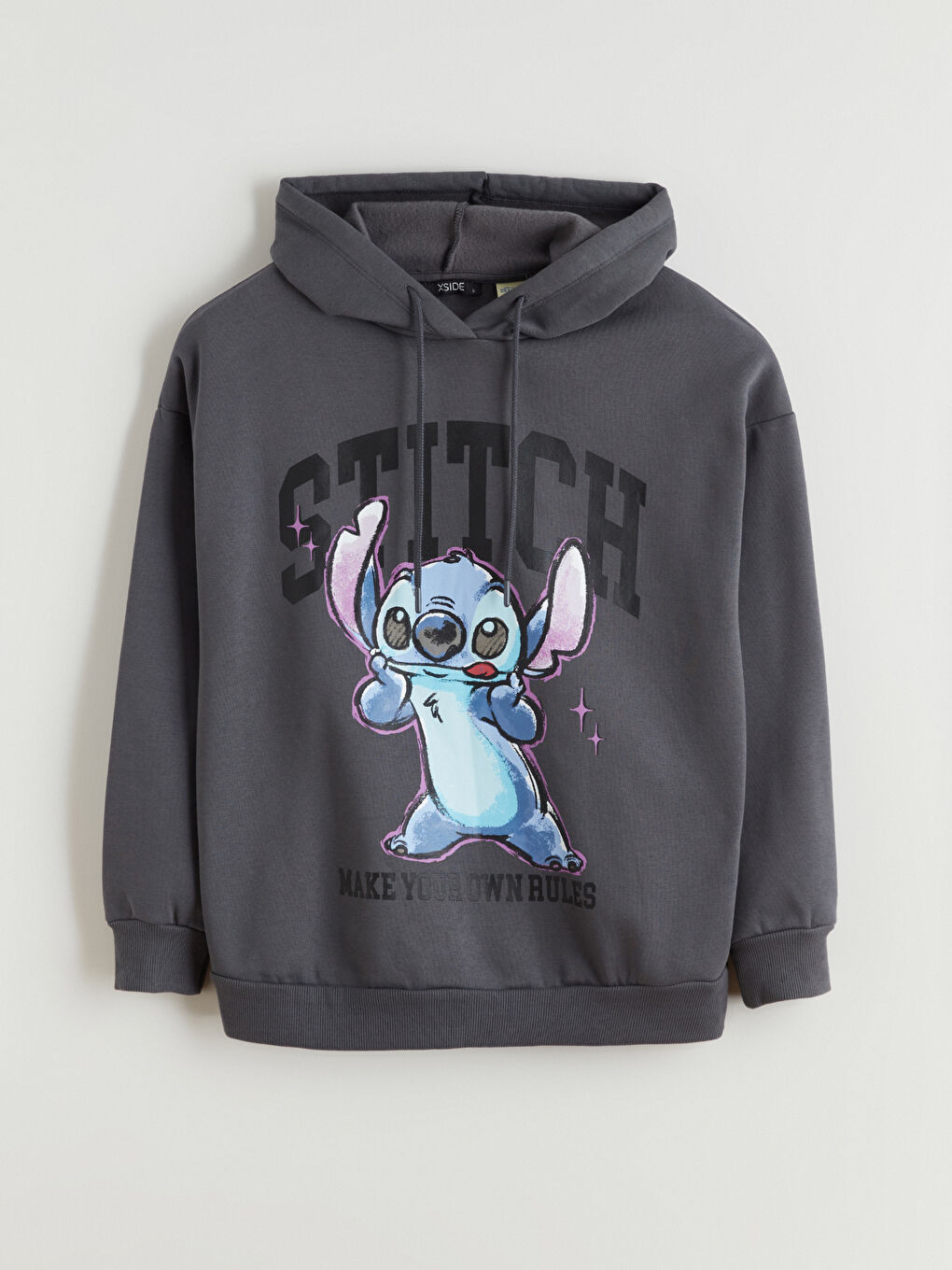 Antrasit Stitch Baskılı Oversize Kadın Kalın Hoodie-5