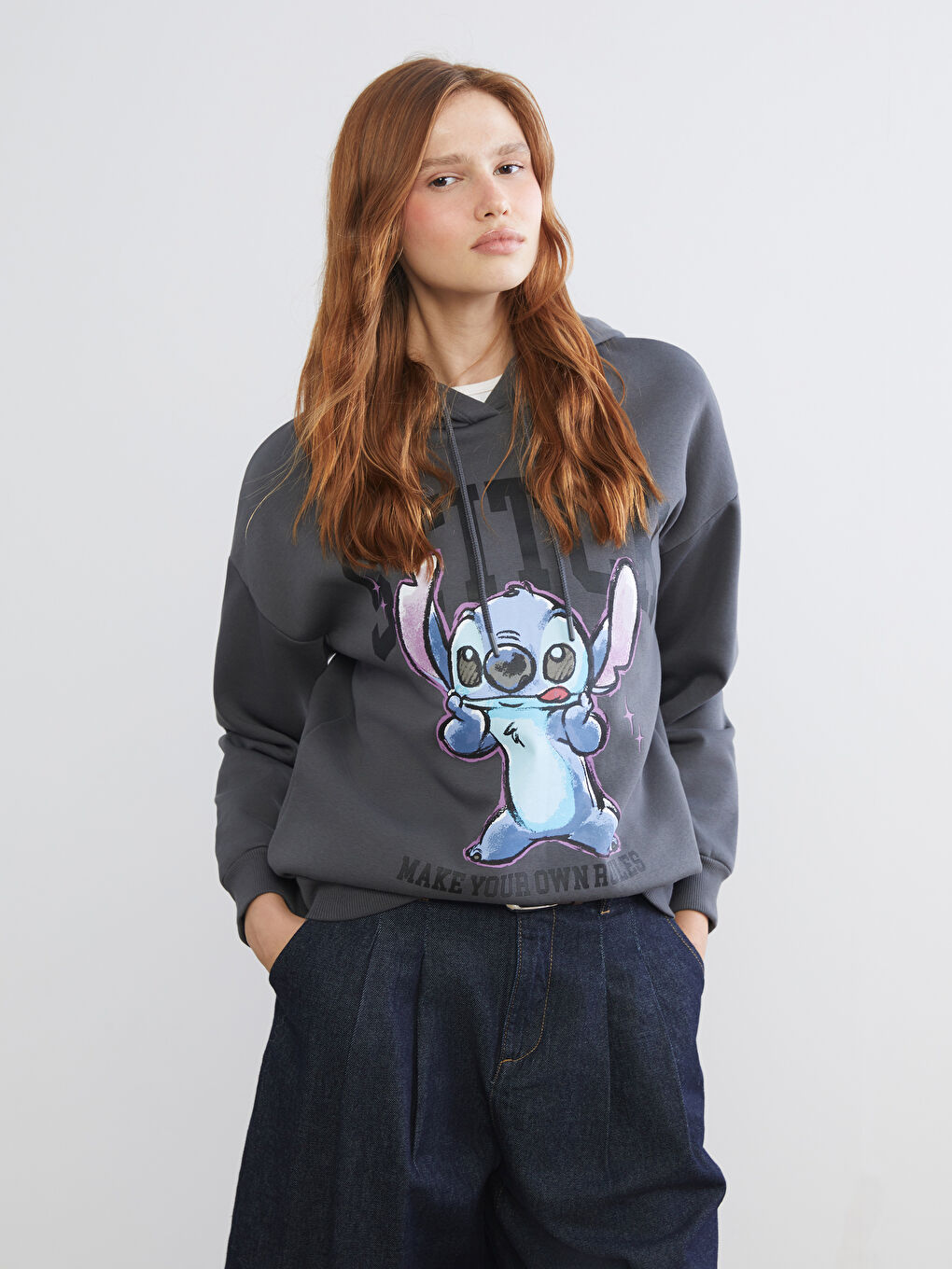 Antrasit Stitch Baskılı Oversize Kadın Kalın Hoodie-1