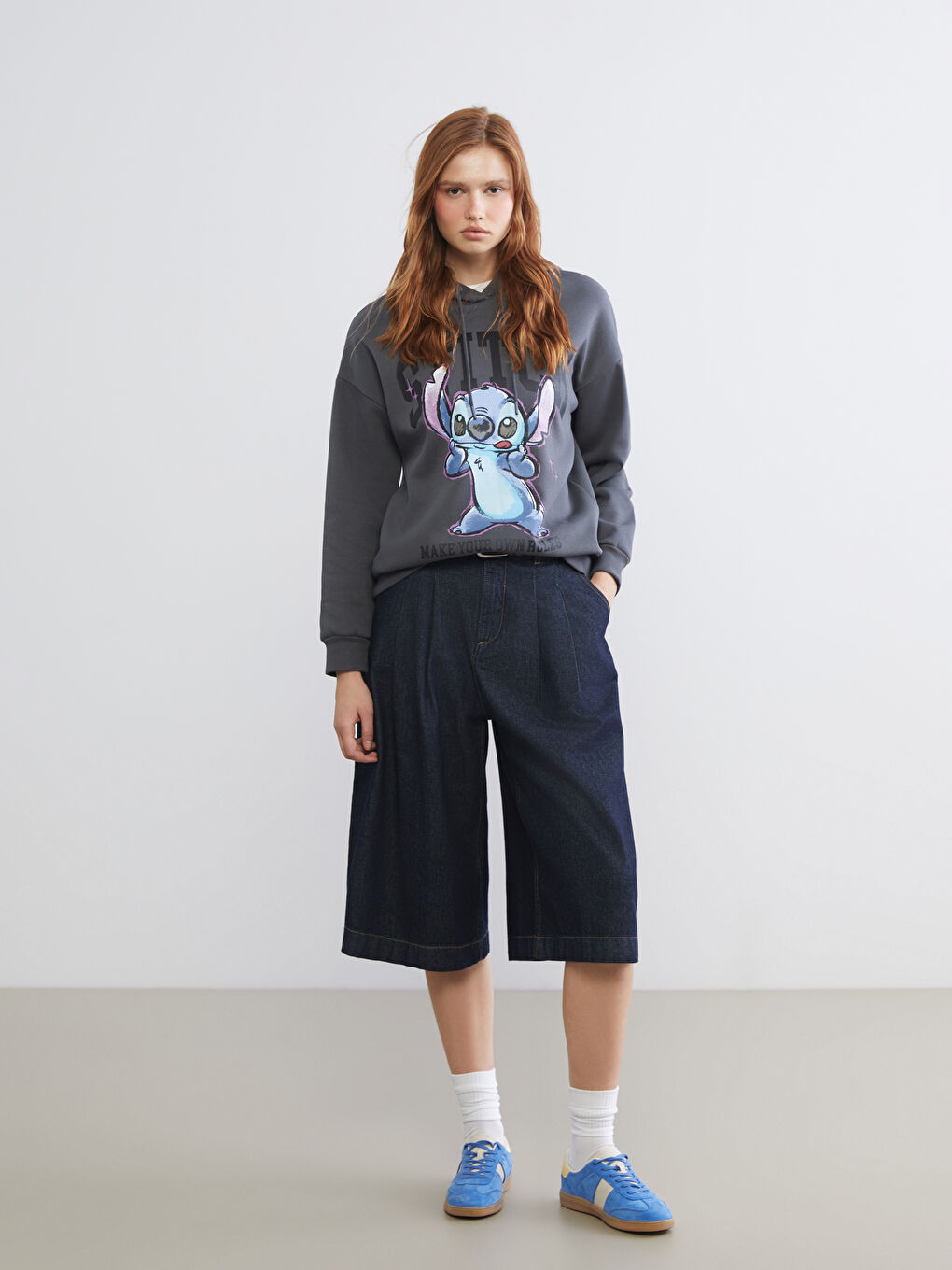 Antrasit Stitch Baskılı Oversize Kadın Kalın Hoodie-2