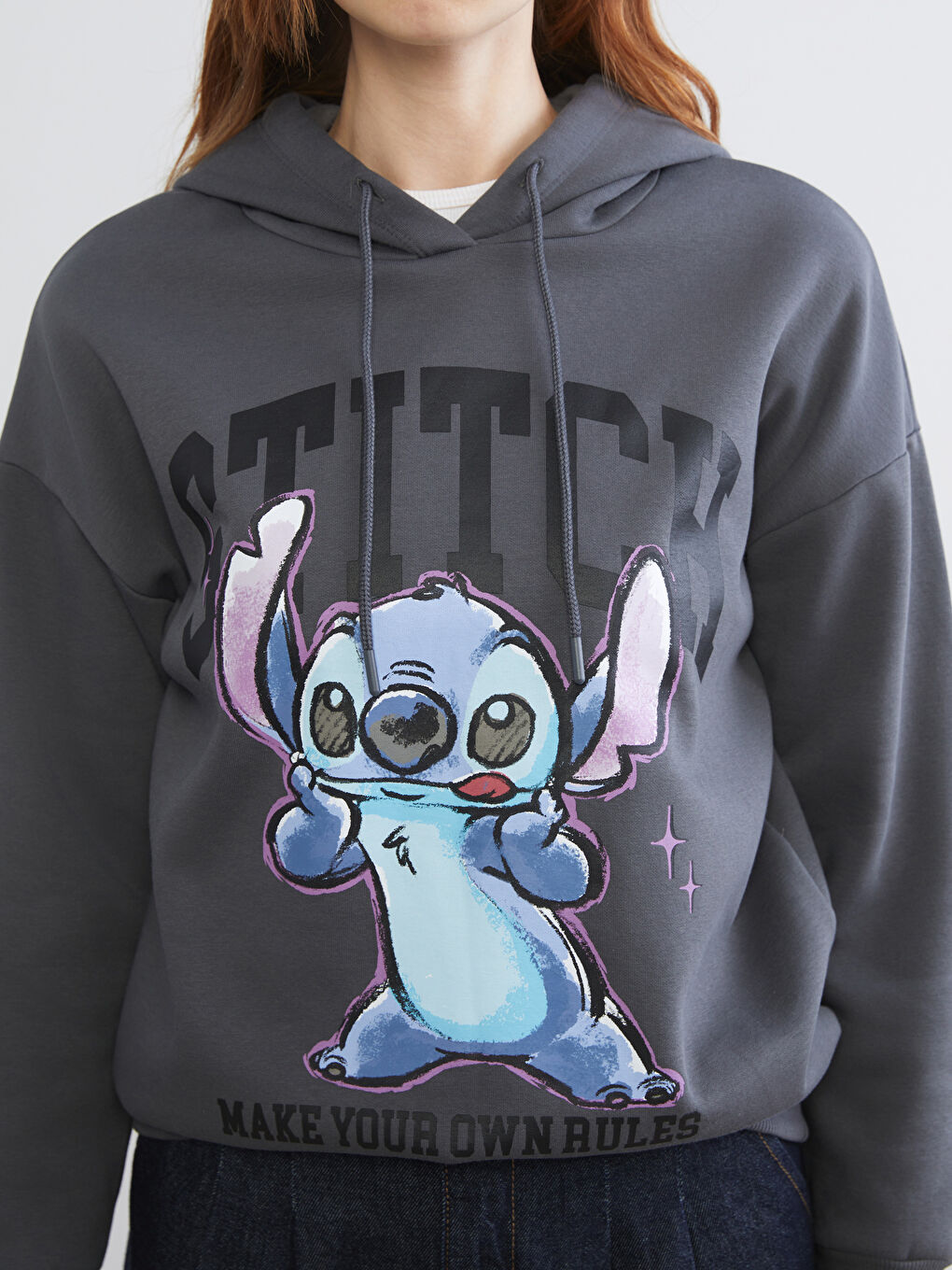 Antrasit Stitch Baskılı Oversize Kadın Kalın Hoodie-3