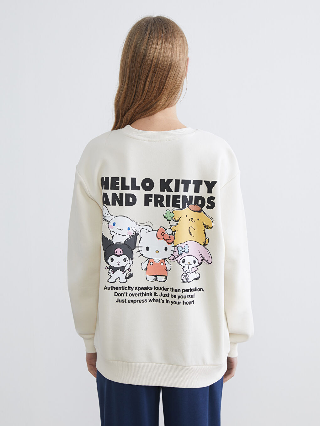 Bej Hello Kitty Baskılı Oversize Kadın Kalın Sweatshirt-4