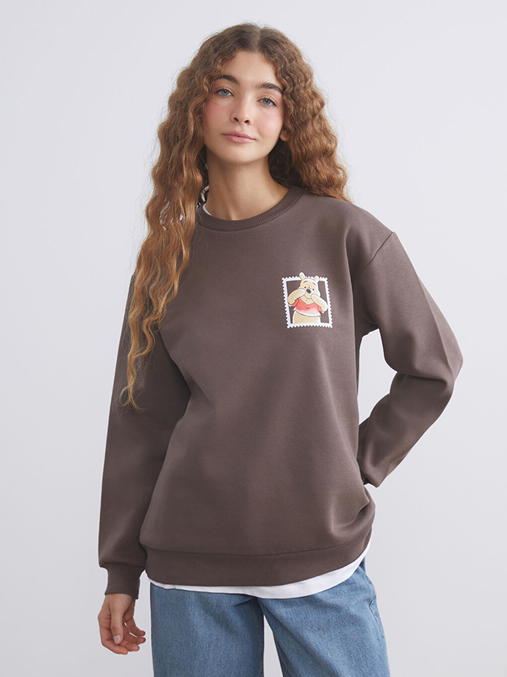 Kahverengi Winnie the Pooh Baskılı Oversize Kadın Kalın Sweatshirt-3