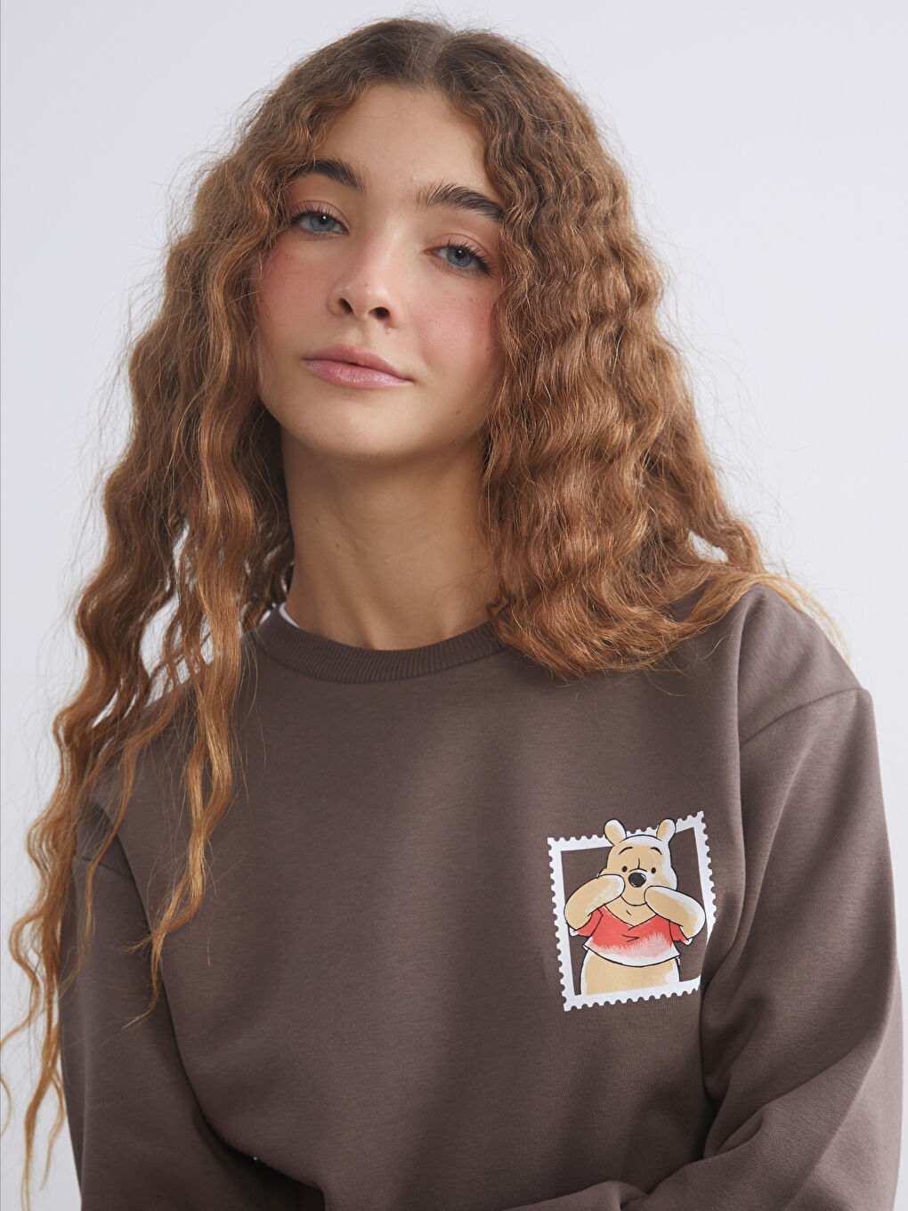 Kahverengi Winnie the Pooh Baskılı Oversize Kadın Kalın Sweatshirt-4