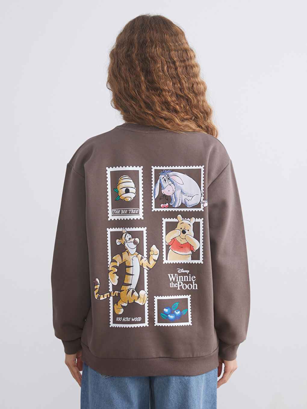 Kahverengi Winnie the Pooh Baskılı Oversize Kadın Kalın Sweatshirt-5