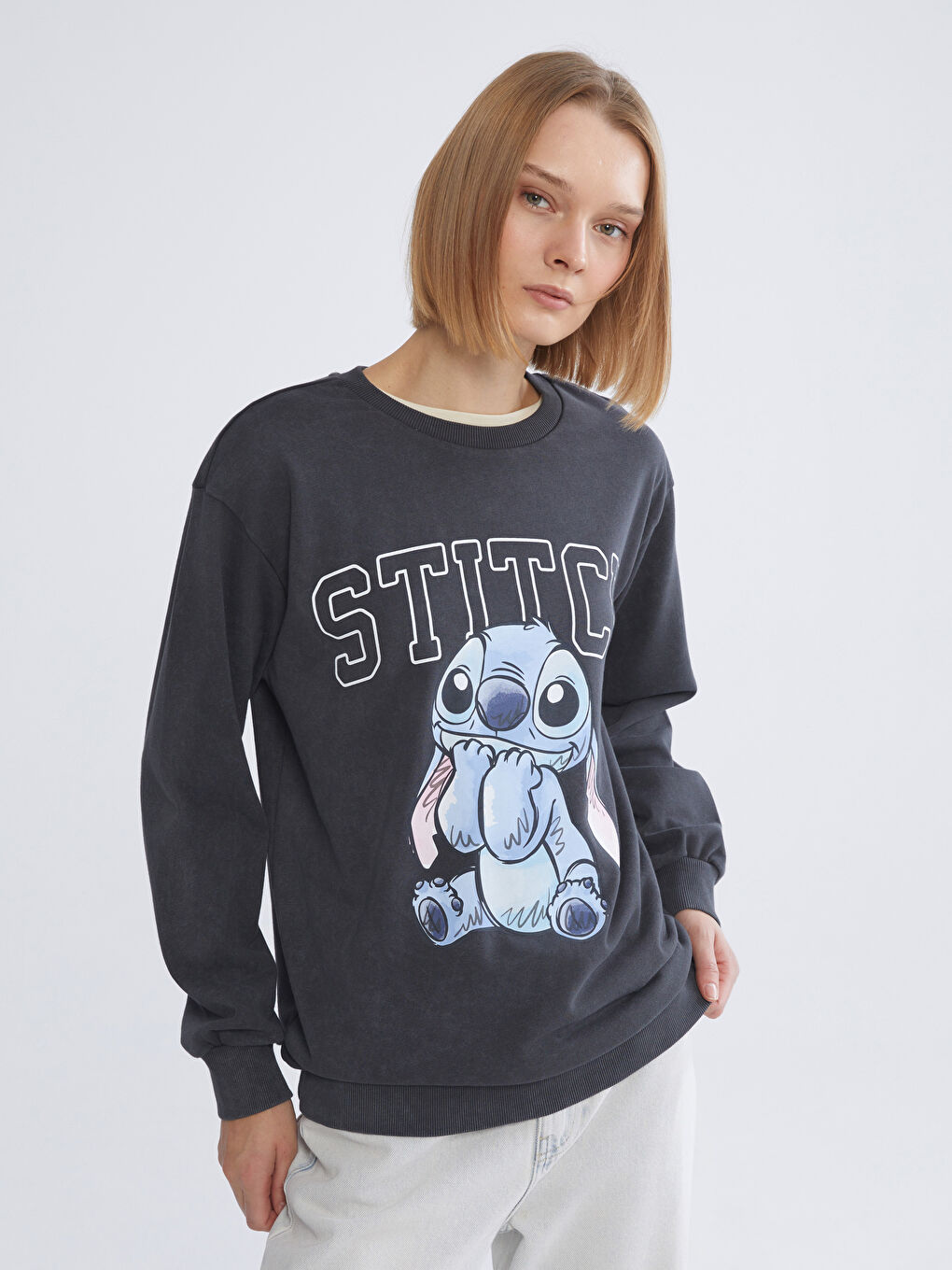 Antrasit Stitch Baskılı Oversize Kadın Sweatshirt