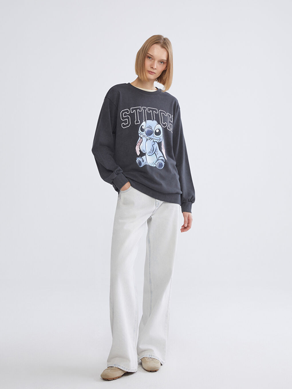 Antrasit Stitch Baskılı Oversize Kadın Sweatshirt-1