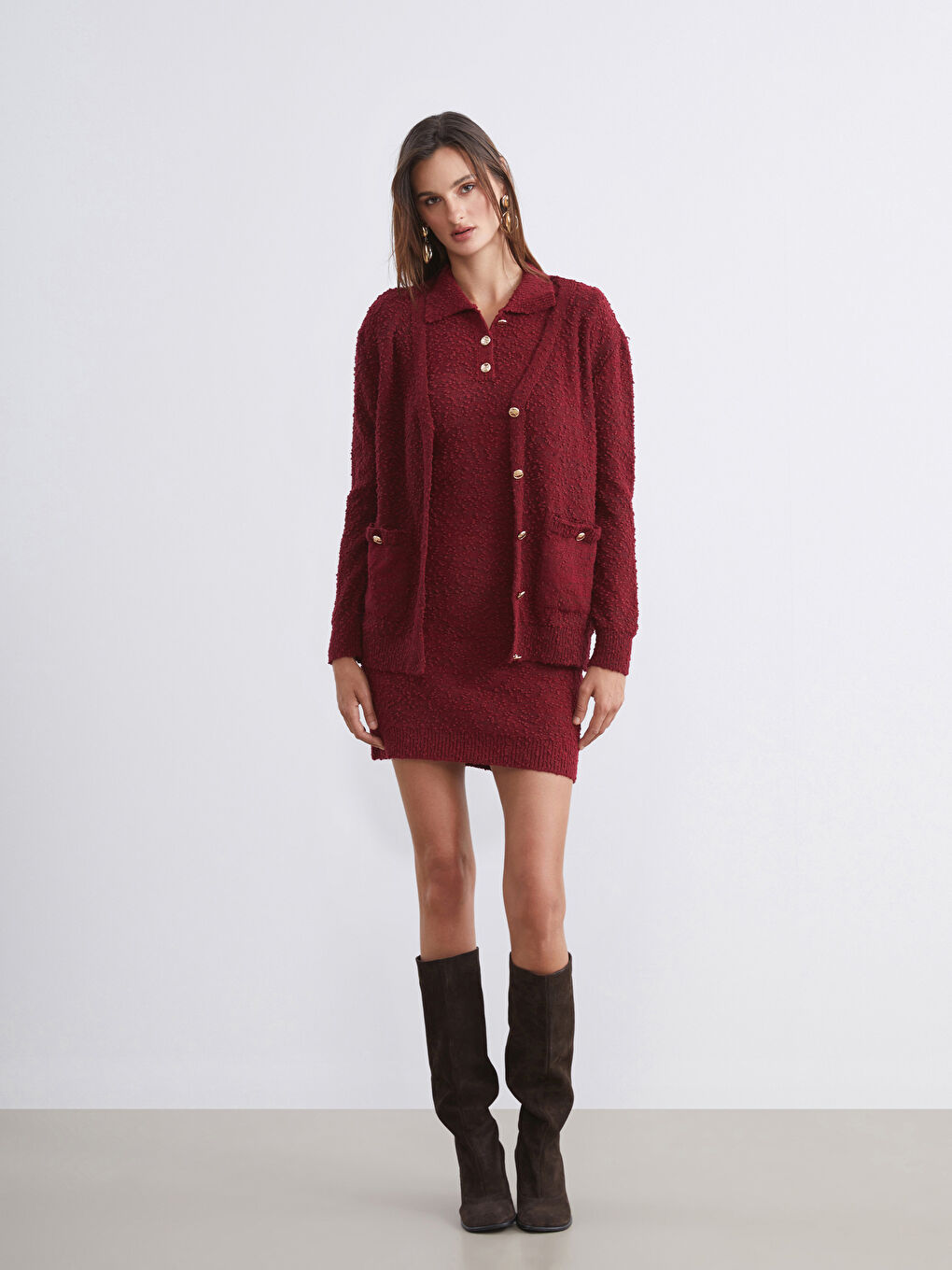 Bordo V Yaka Dokulu Kadın Triko Hırka-1