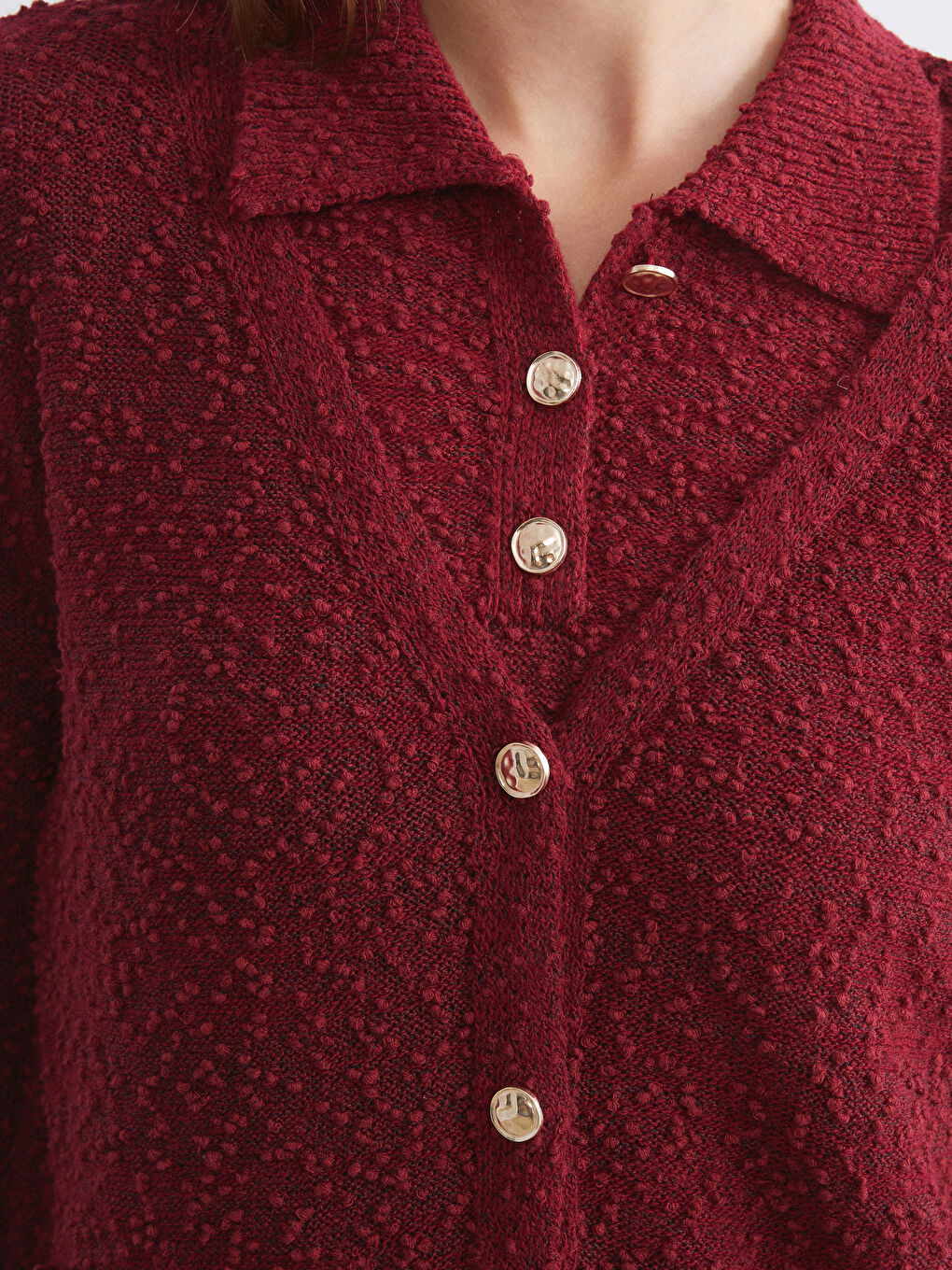 Bordo V Yaka Dokulu Kadın Triko Hırka-2