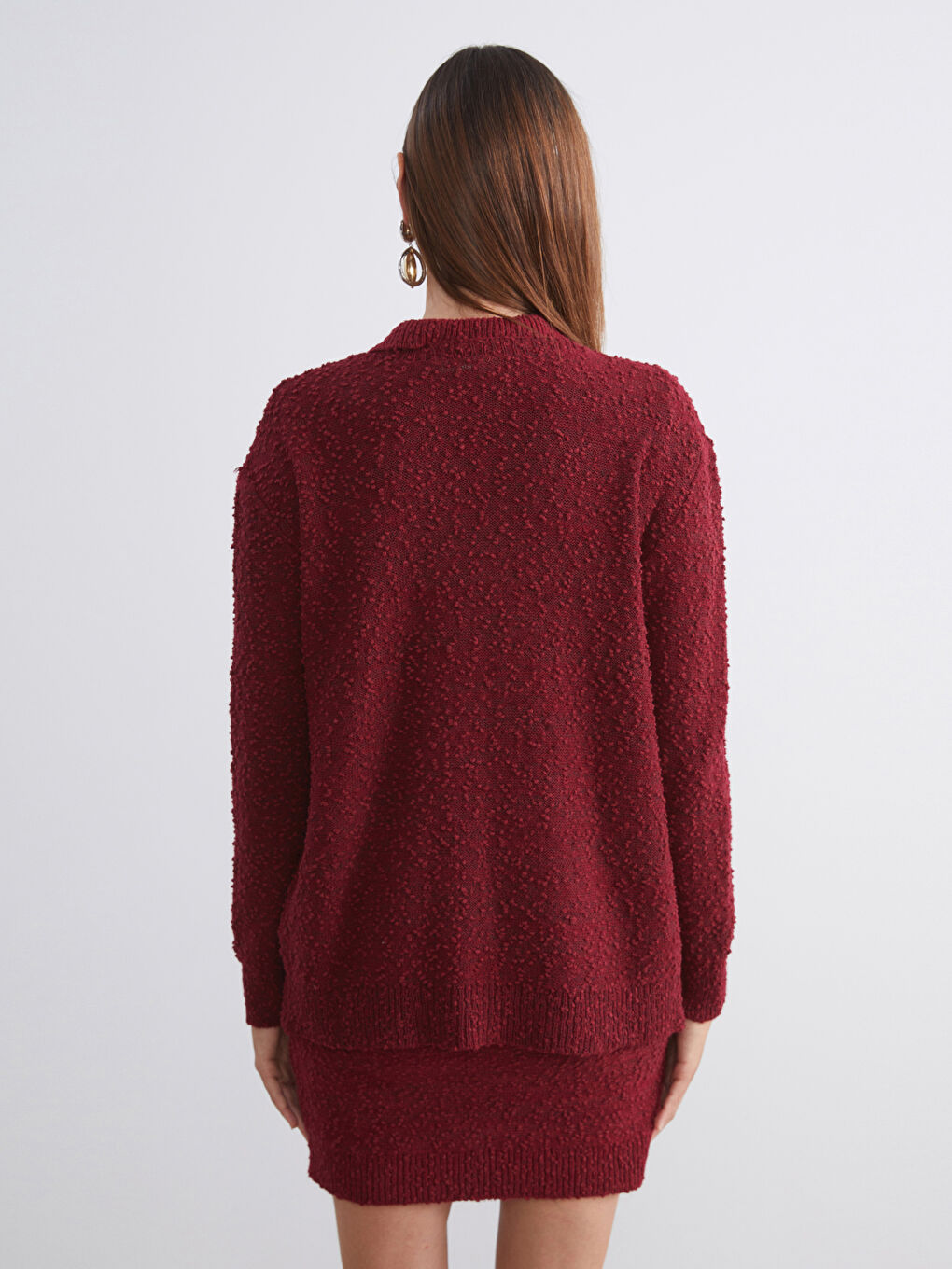 Bordo V Yaka Dokulu Kadın Triko Hırka-3