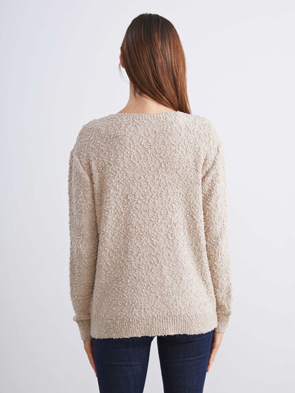 Bej V Yaka Dokulu Kadın Triko Hırka-3