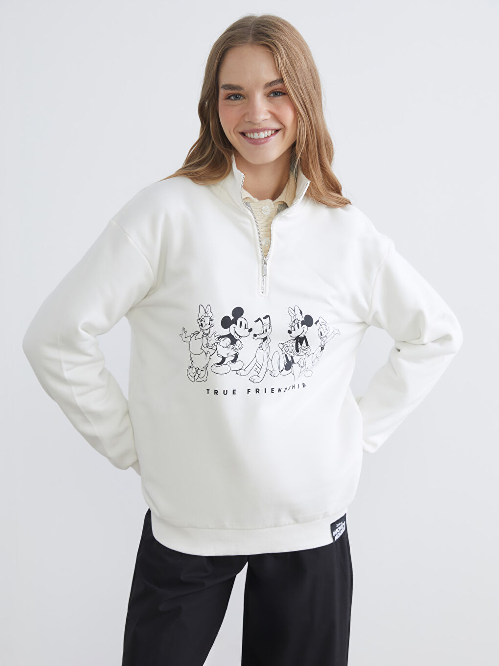 Ekru Mickey Mouse Baskılı Kadın Kalın Sweatshirt-1