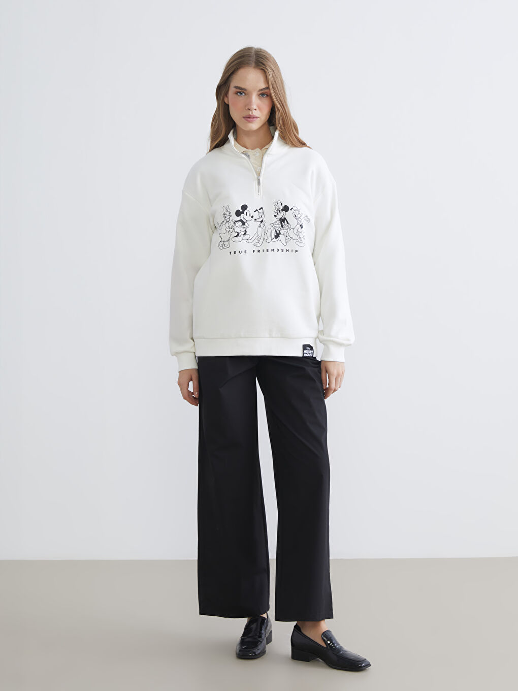 Ekru Mickey Mouse Baskılı Kadın Kalın Sweatshirt-2