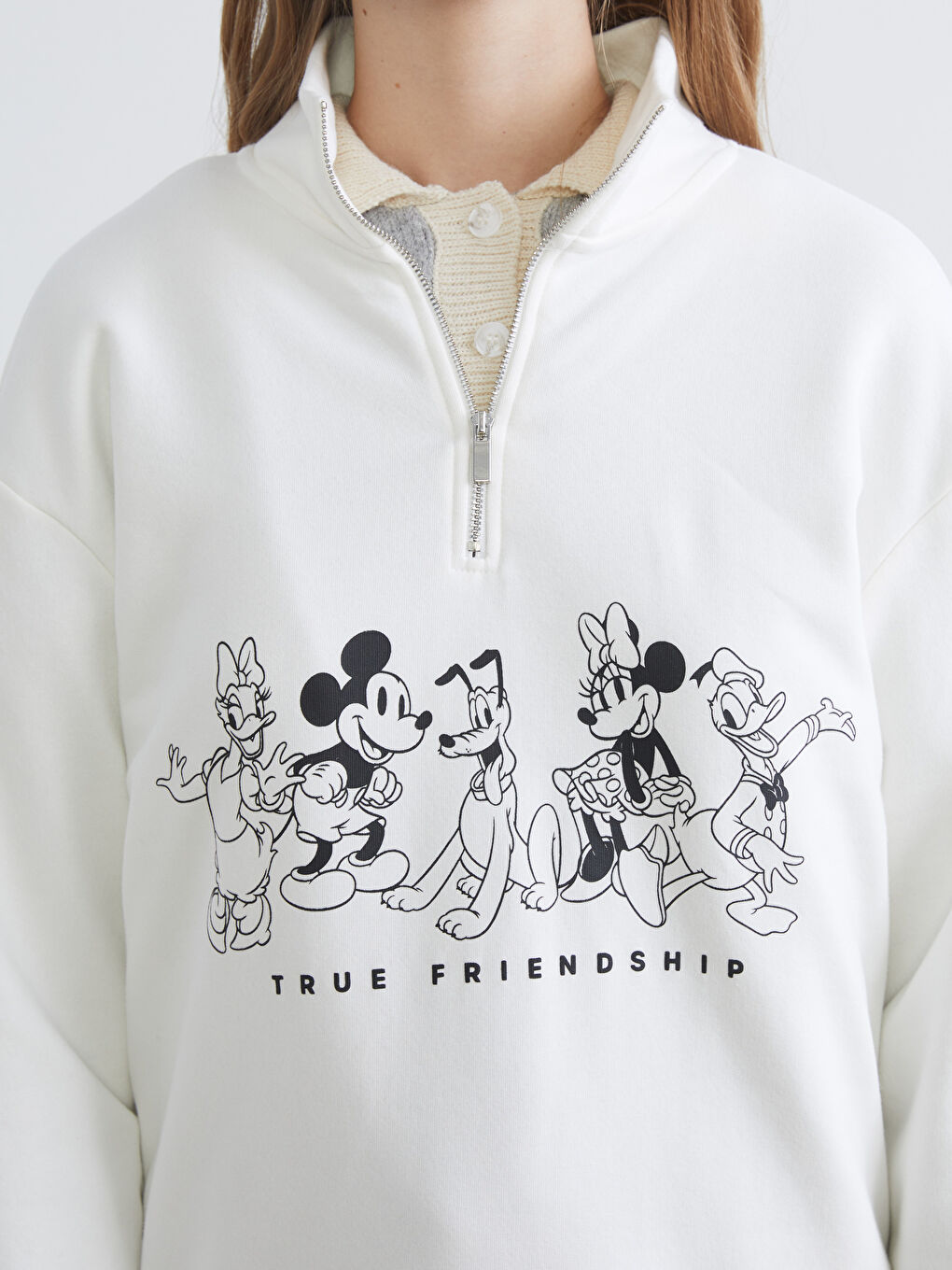 Ekru Mickey Mouse Baskılı Kadın Kalın Sweatshirt-3