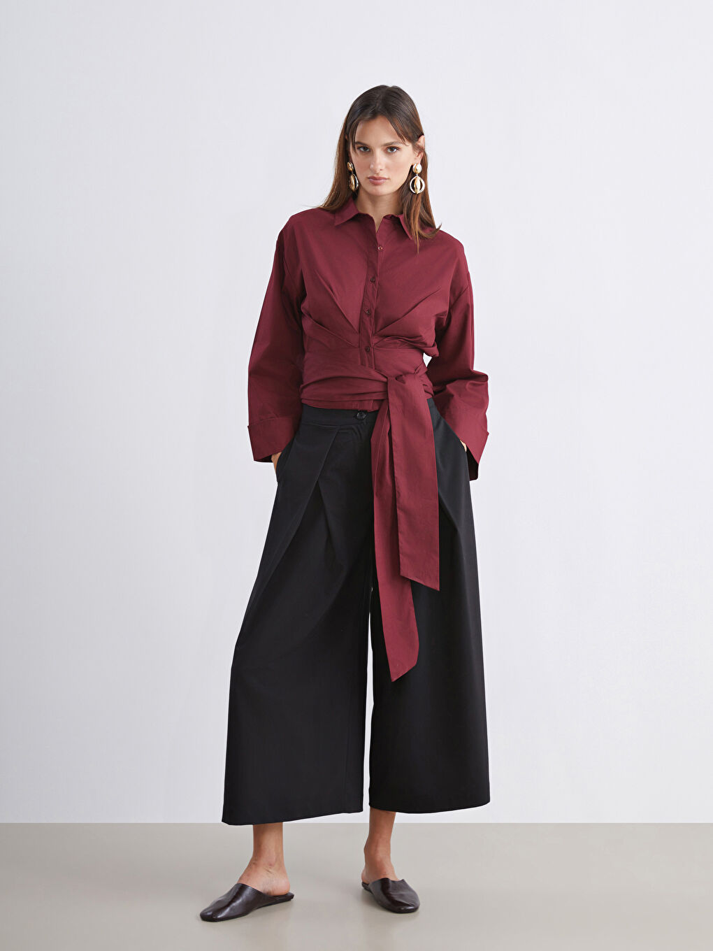 Bordo Bağlamalı Poplin Kadın Gömlek-1