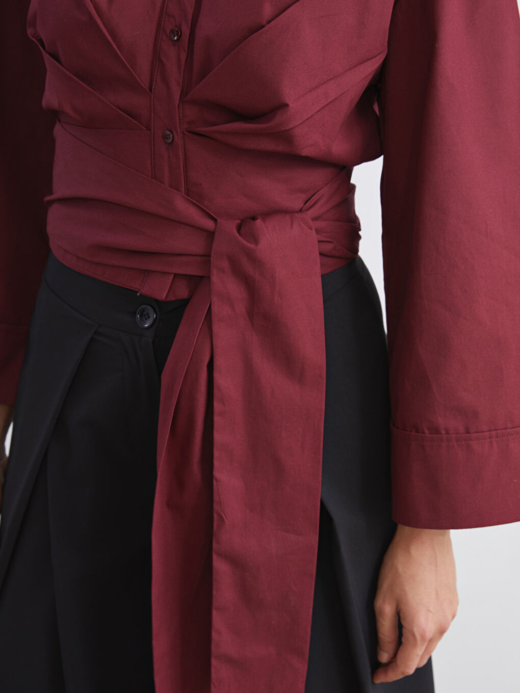 Bordo Bağlamalı Poplin Kadın Gömlek-2