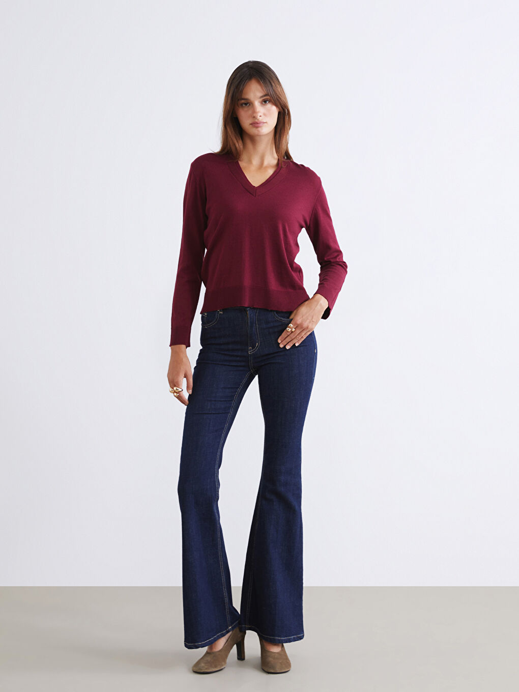 Bordo V Yaka Kadın Triko Kazak-1