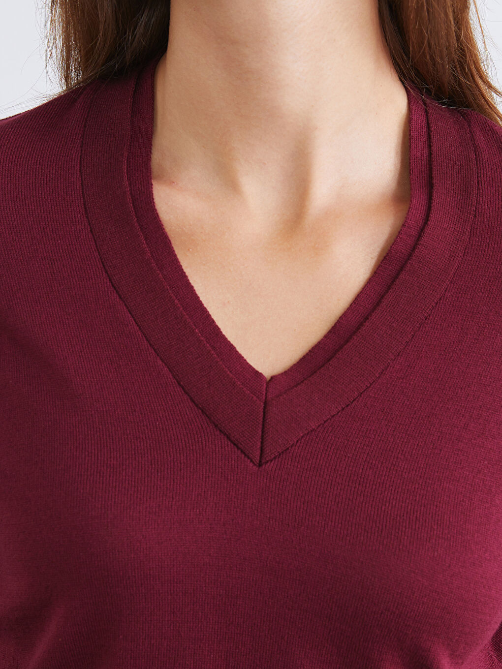 Bordo V Yaka Kadın Triko Kazak-2