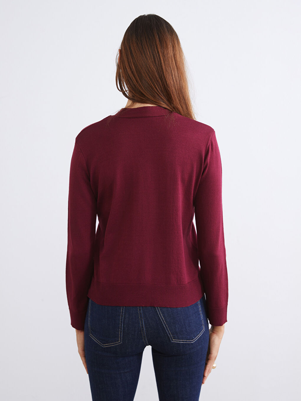 Bordo V Yaka Kadın Triko Kazak-3