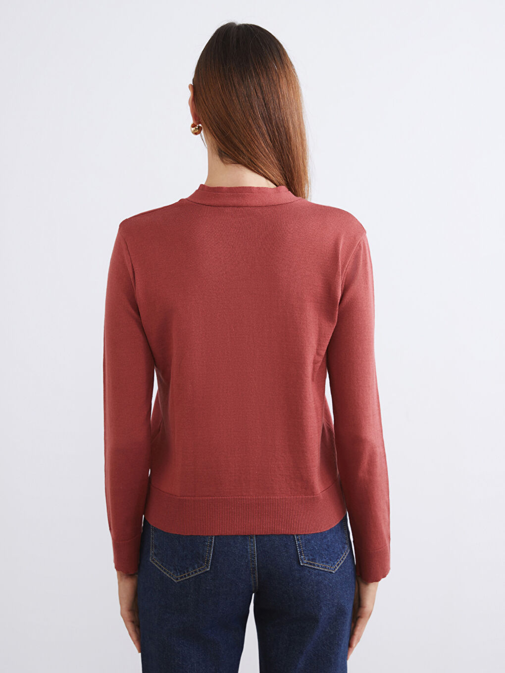 Kahverengi V Yaka Kadın Triko Kazak-3