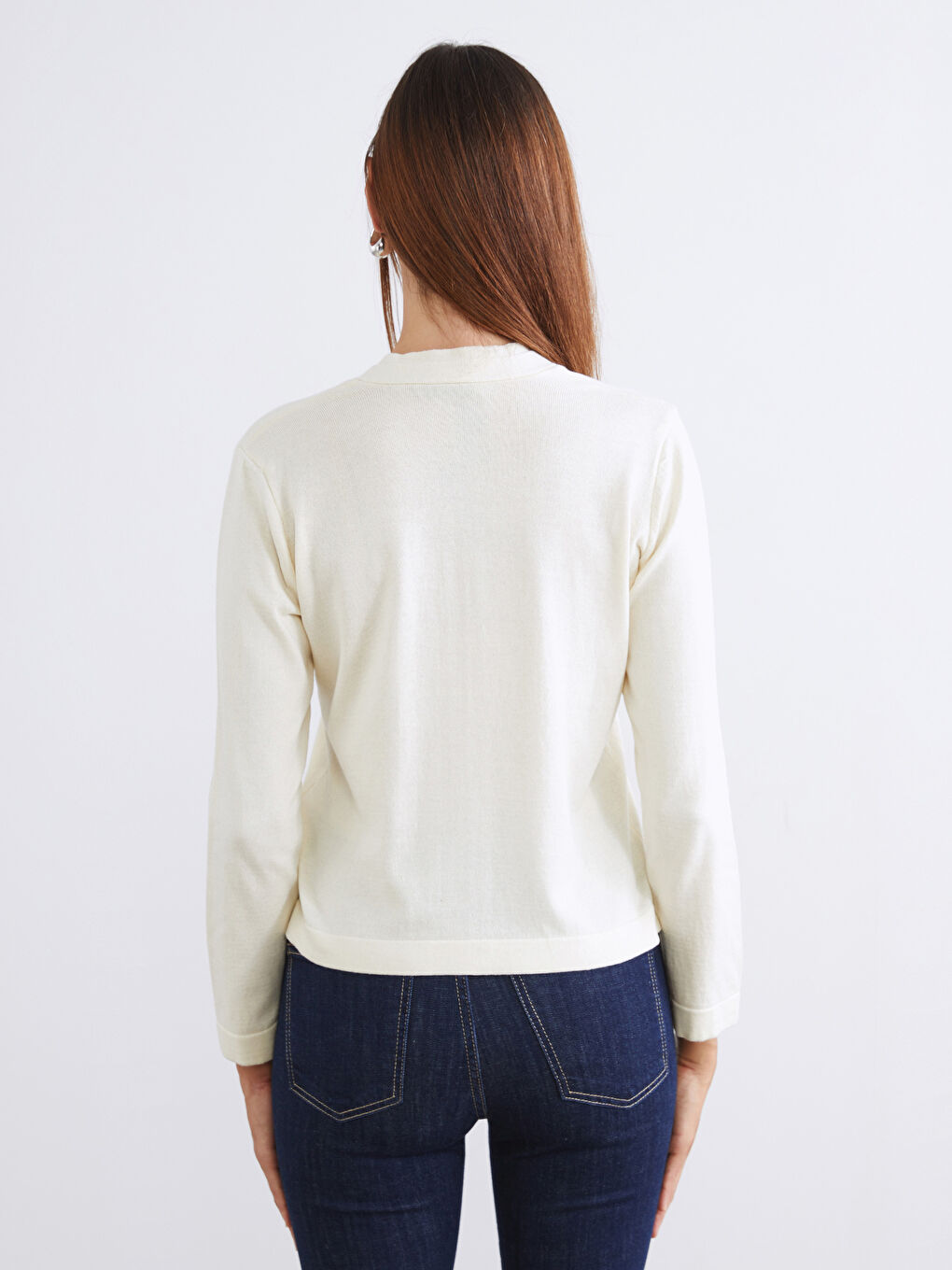 Ekru V Yaka Kadın Triko Hırka-3