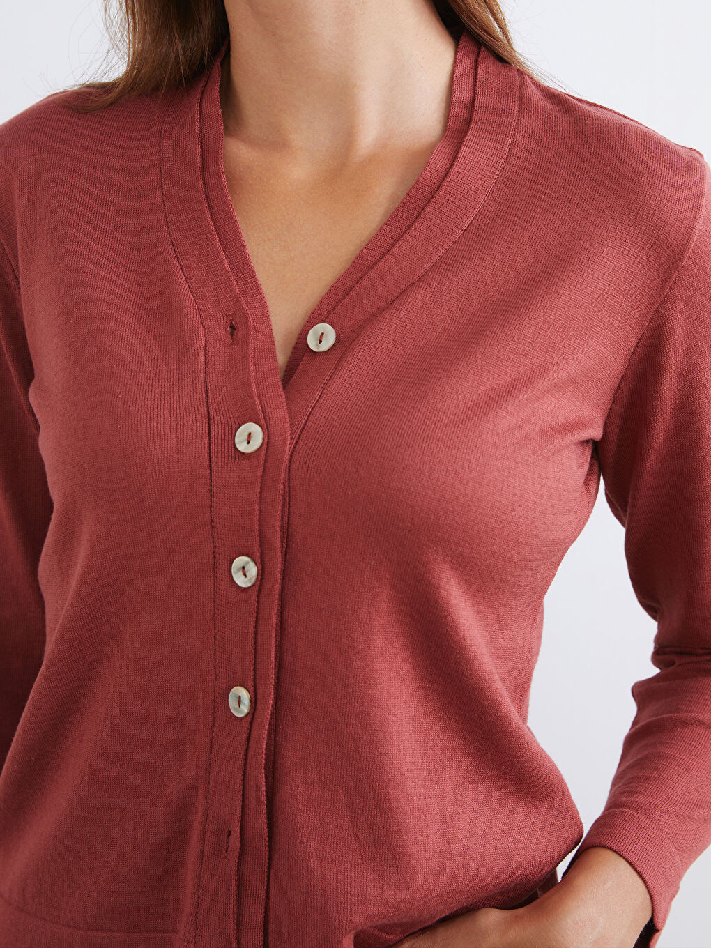 Kahverengi V Yaka Kadın Triko Hırka-2