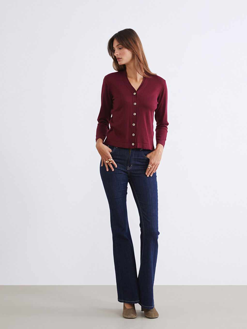 Bordo V Yaka Kadın Triko Hırka-1