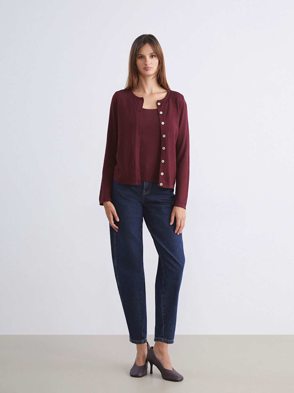 Mürdüm Bisiklet Yaka Ajurlu Kadın Triko Hırka-1