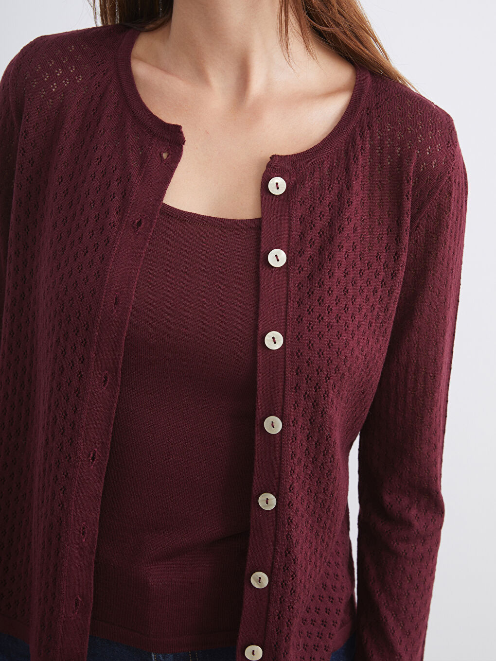 Mürdüm Bisiklet Yaka Ajurlu Kadın Triko Hırka-2