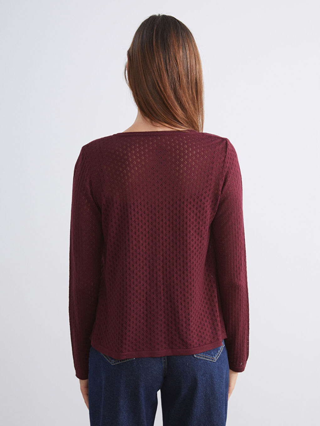 Mürdüm Bisiklet Yaka Ajurlu Kadın Triko Hırka-3