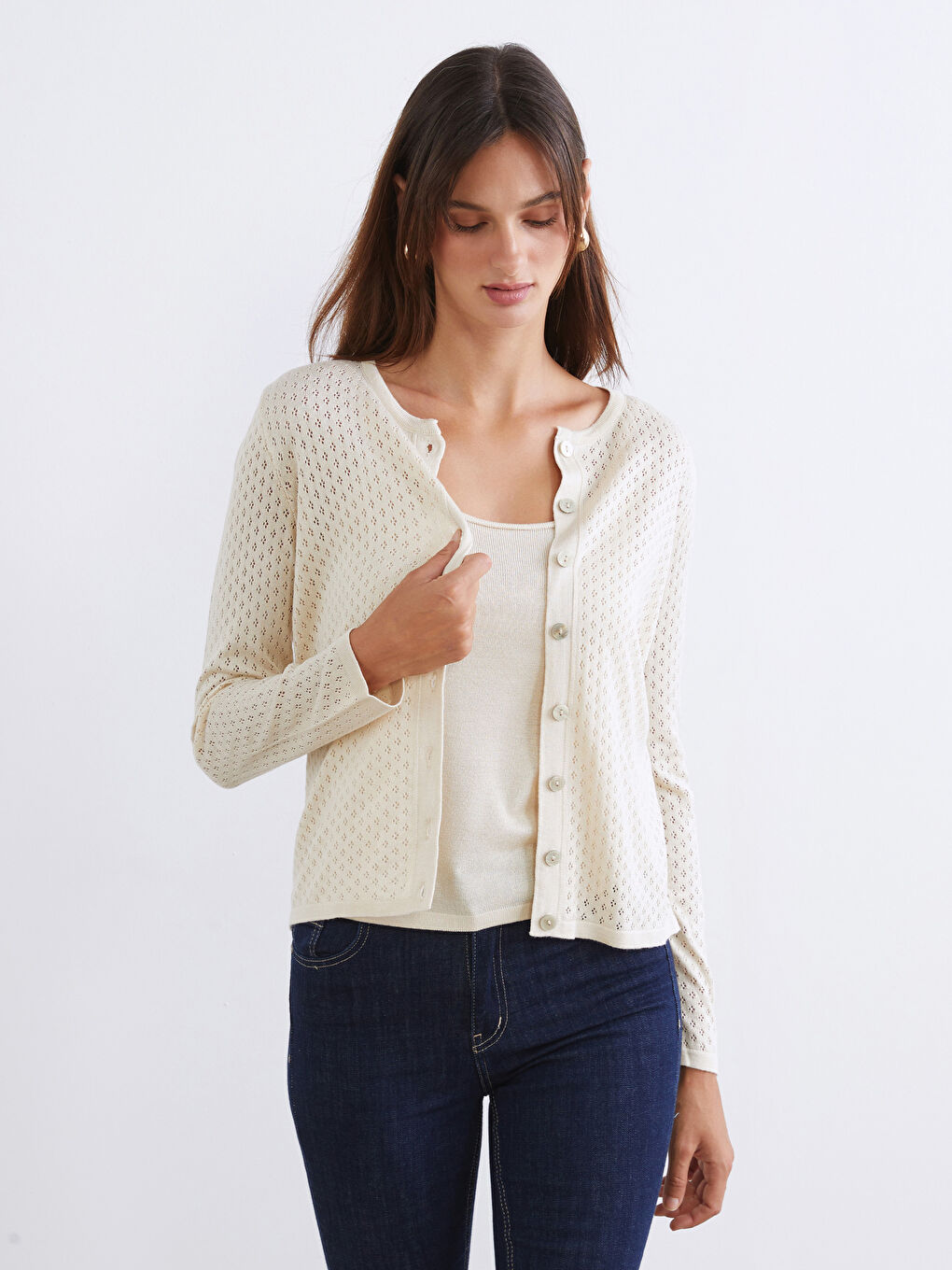 Ekru Bisiklet Yaka Ajurlu Kadın Triko Hırka