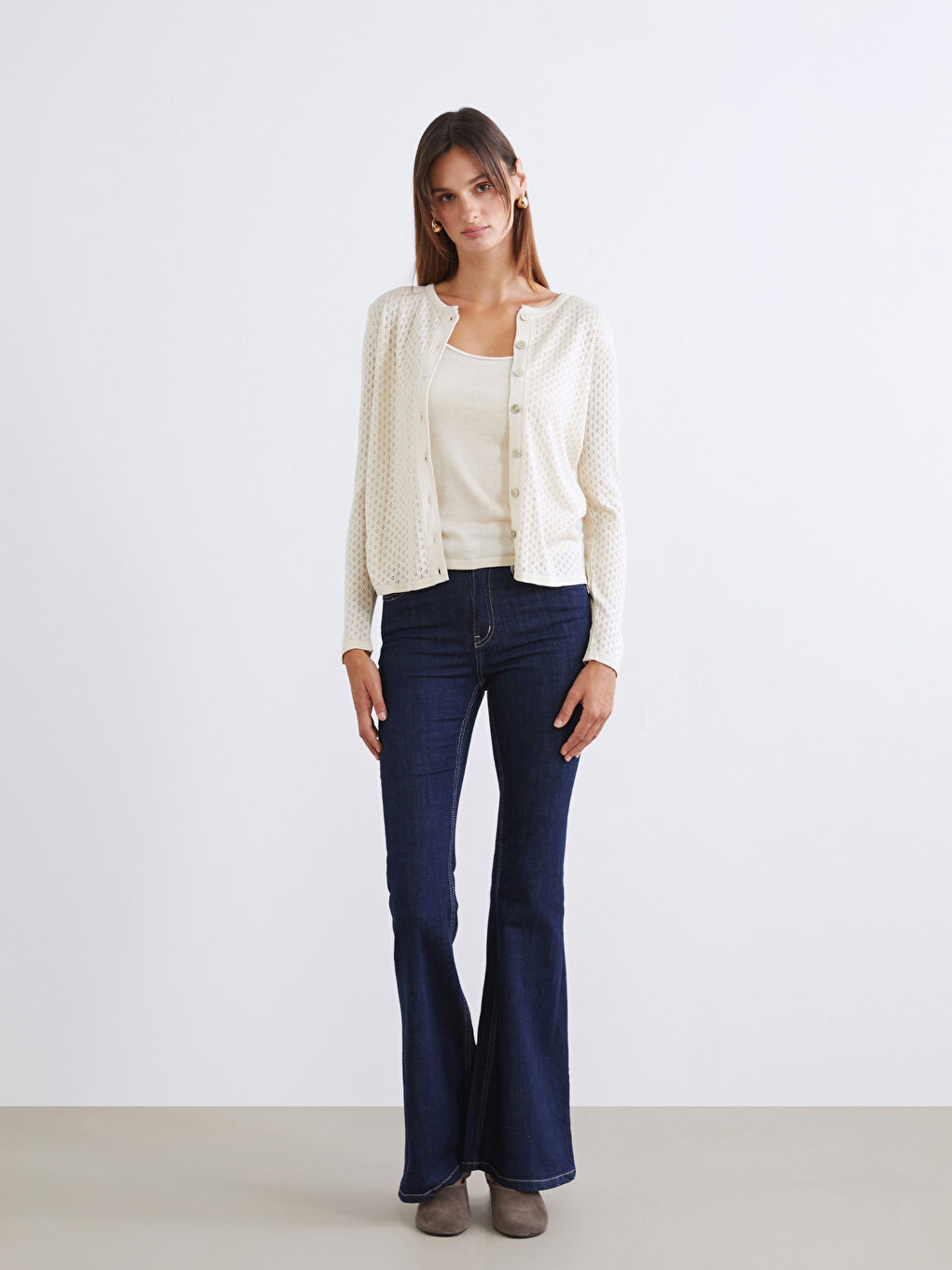 Ekru Bisiklet Yaka Ajurlu Kadın Triko Hırka-1