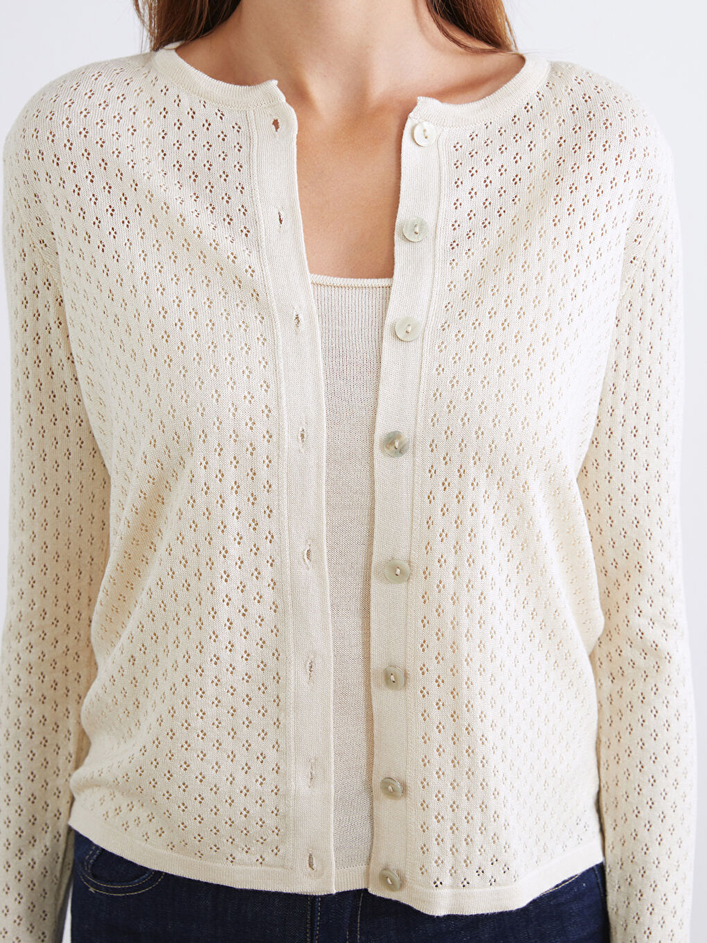 Ekru Bisiklet Yaka Ajurlu Kadın Triko Hırka-2