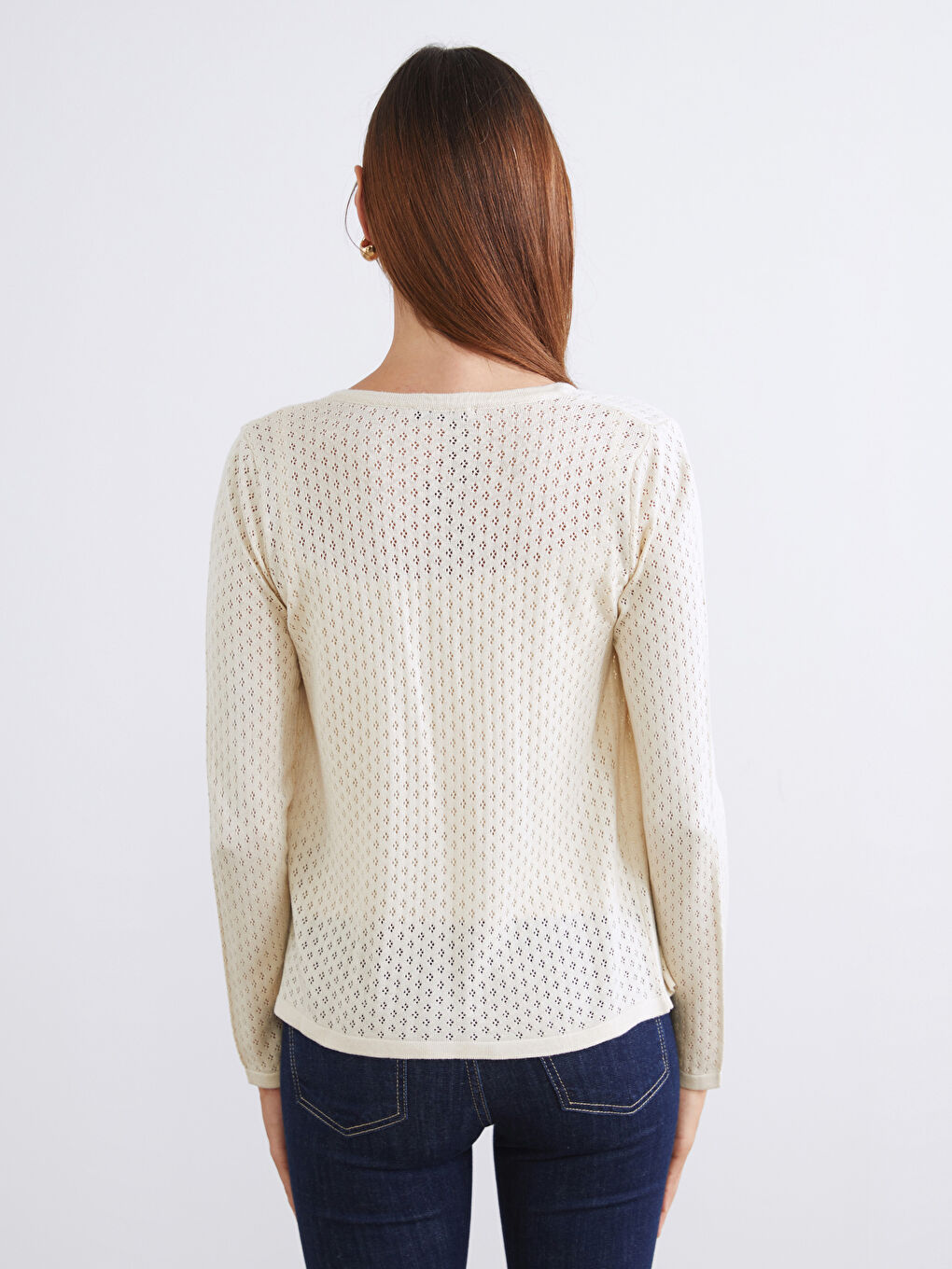 Ekru Bisiklet Yaka Ajurlu Kadın Triko Hırka-3