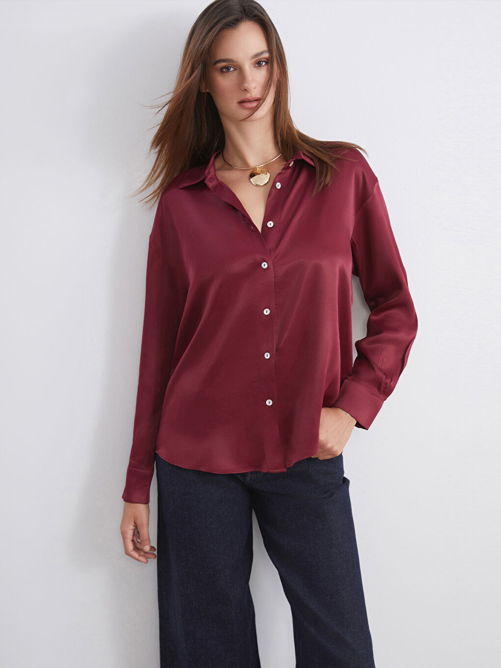 Bordo Saten Kadın Gömlek