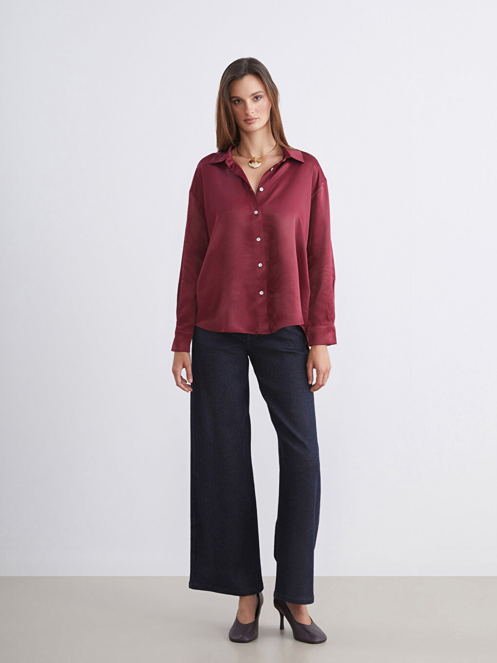 Bordo Saten Kadın Gömlek-1