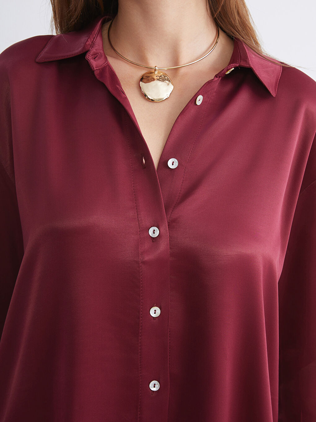 Bordo Saten Kadın Gömlek-2