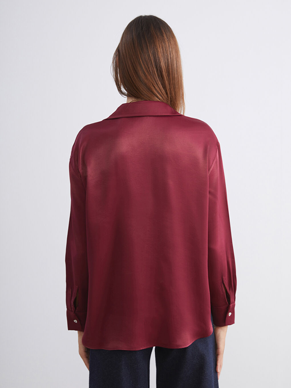 Bordo Saten Kadın Gömlek-3