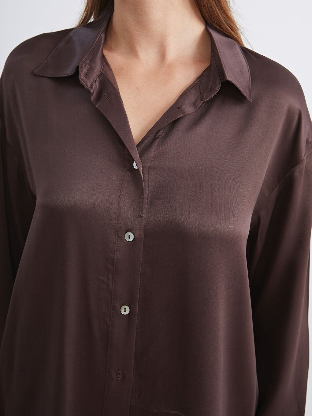 Kahverengi Saten Kadın Gömlek-2