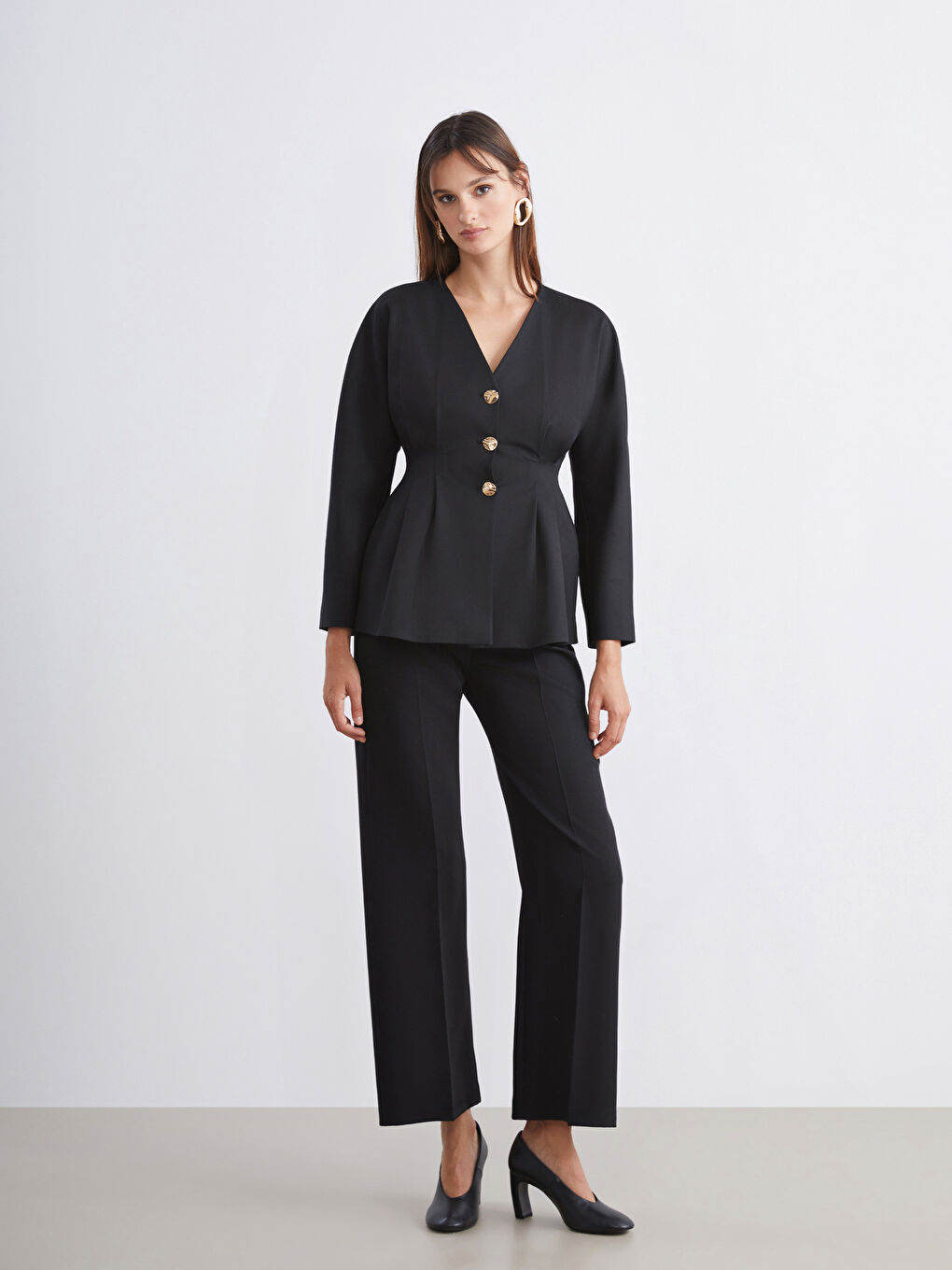 Siyah V Yaka Peplum Kadın Ceket-1