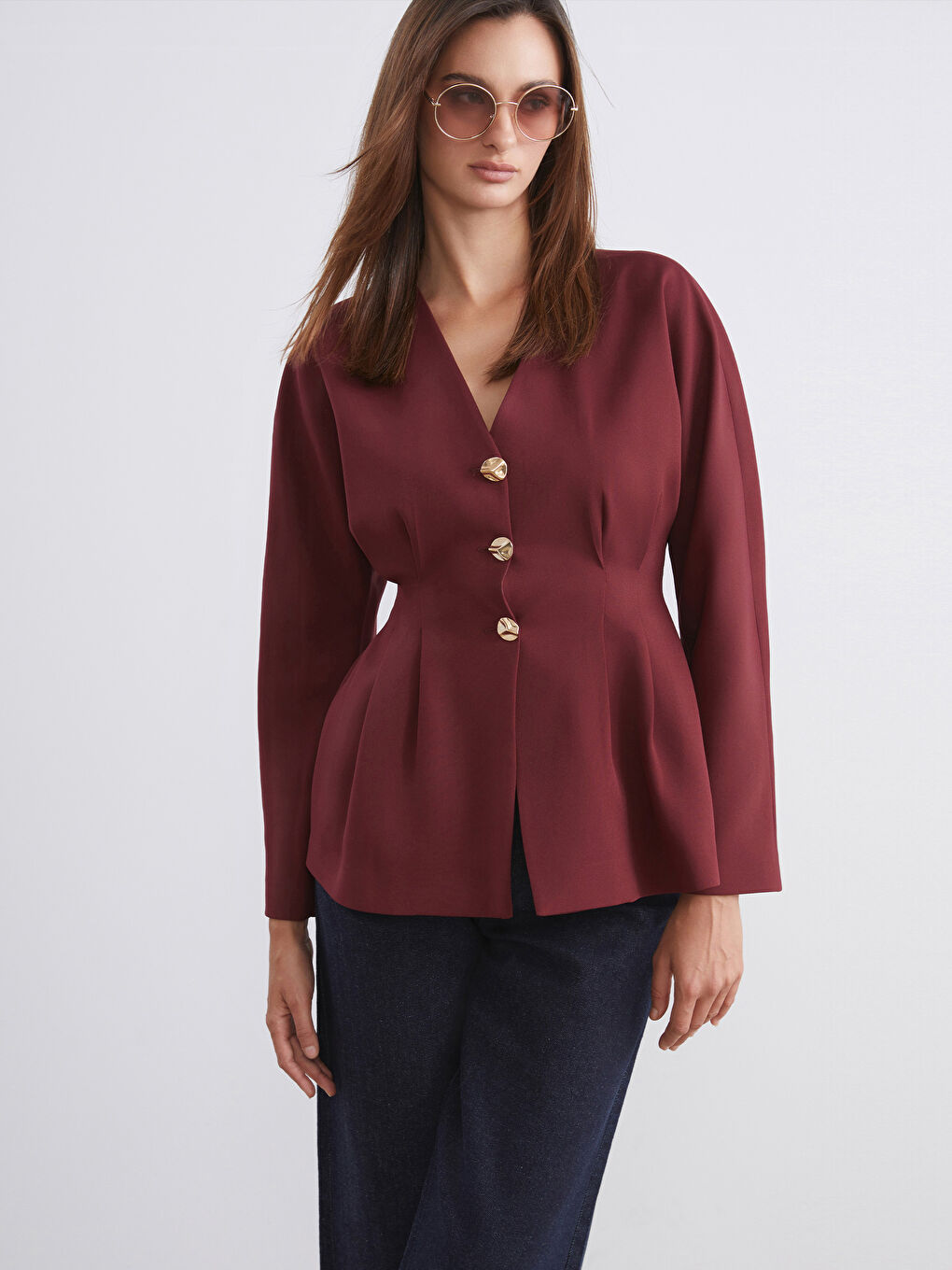 Bordo V Yaka Peplum Kadın Ceket